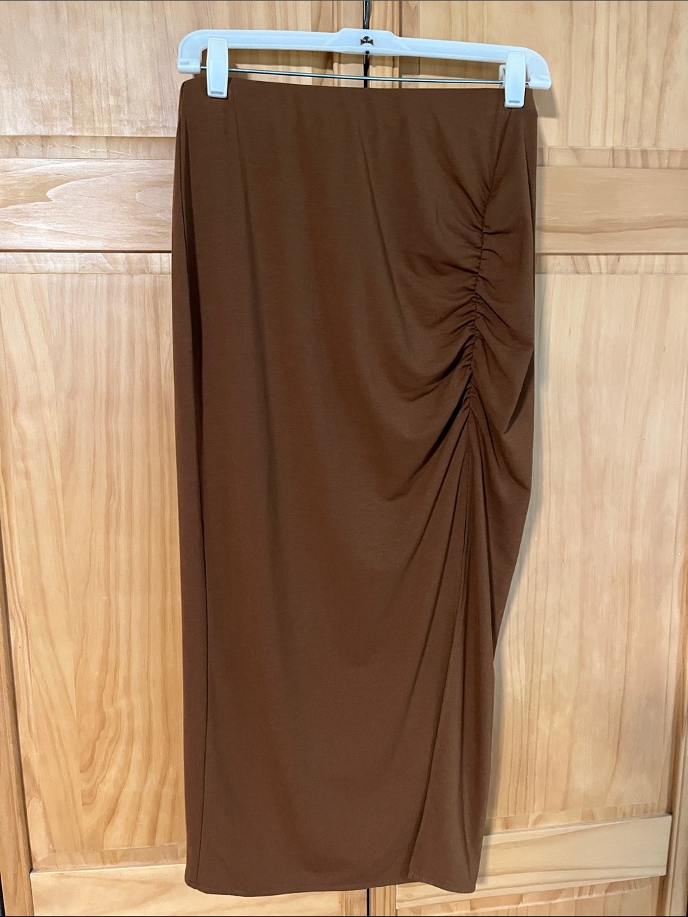 Ruched Chocolate Brown Midi Skirt with side slit